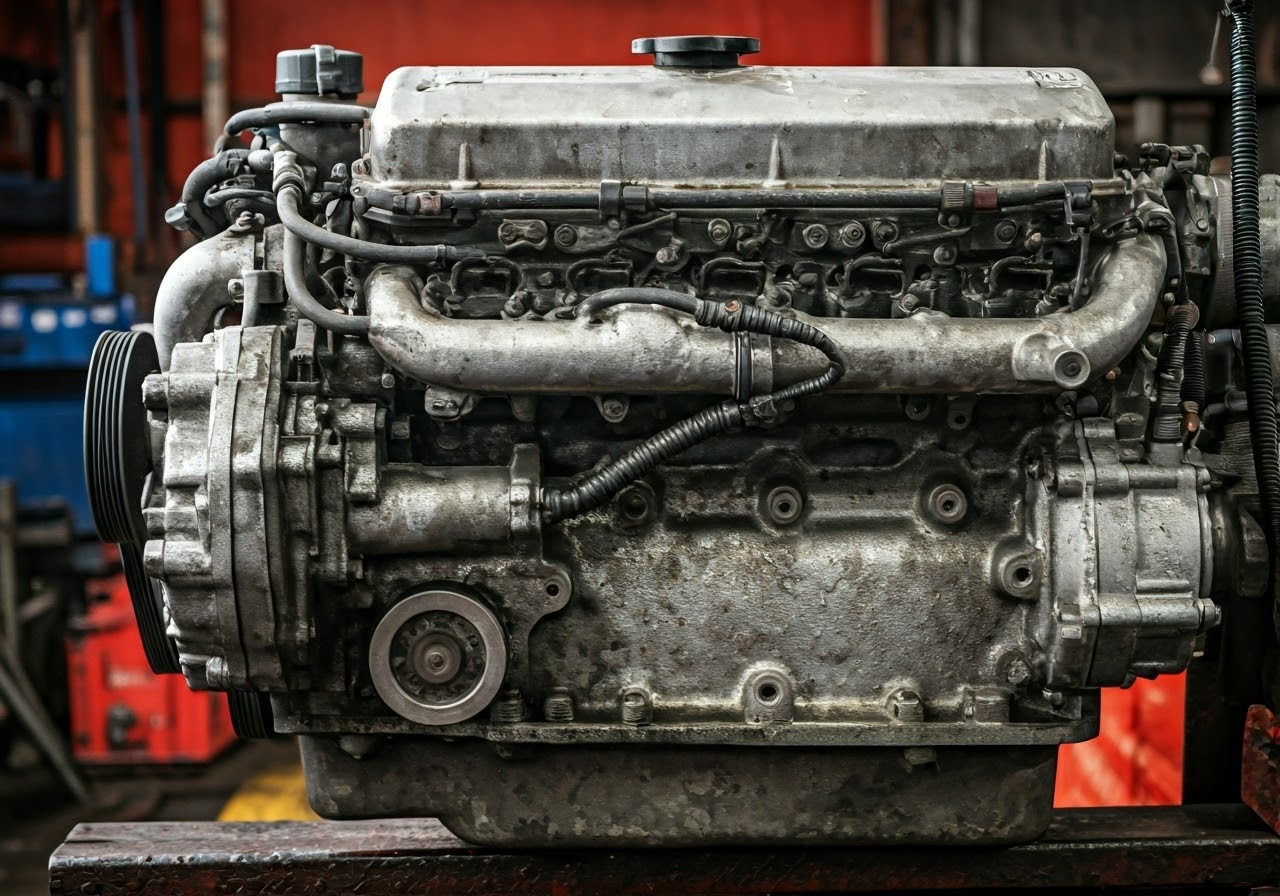 Diesel engine in a repair workshop